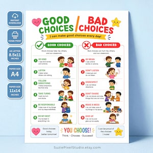 Könnte beinhalten: Ein farbenfrohes Lernposter mit dem Titel Good Choices / Bad Choices und dem Text I can make good choices every day! Es zeigt zwei Spalten mit nummerierten Illustrationen, die positive und negative Verhaltensweisen von Kindern im Unterricht darstellen.