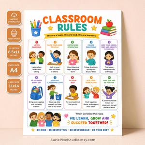 Puede incluir: Un póster de reglas de clase con diez ilustraciones numeradas y coloridas de niños demostrando comportamientos positivos. El texto incluye "CLASSROOM RULES", "We are a team. We are kind. We are learners" y "WE LEARN, GROW AND SUCCEED TOGETHER!" con iconos de lápices, libros y una manzana.
