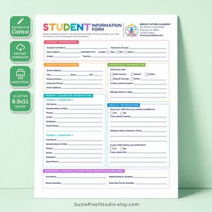 May include: A white Student Information Form document with colorful headers and sections for student, contact, household, parent, and health details. The top right corner displays the Bright Future Academy logo and address. The page size is 8.5x11 inches.