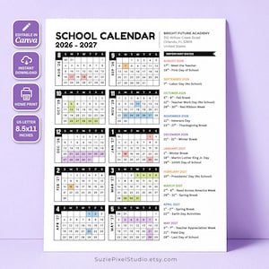 Può includere: Un calendario scolastico 2026-2027 per la Bright Future Academy, che misura 21,59x27,94 cm. Il documento presenta griglie mensili con date codificate a colori, un elenco di date importanti e icone per la modifica su Canva e il download.