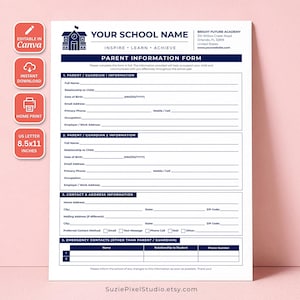 Editable Parent Information Form Template, School Registration, Contact Form (Instant Download)