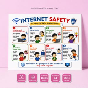 Op de afbeelding: Een educatieve poster getiteld INTERNET SAFETY met acht genummerde regels en cartoonillustraties. De tekst bevat Be Smart. Be Safe. Be Kind Online! en veiligheidsinstructies. Vier roze iconen onderaan tonen de papierformaten 21,6x27,9 cm, A4 en 27,9x35,6 cm.