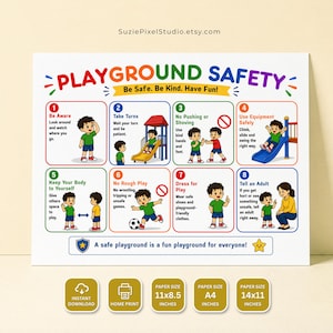 May include: A white educational poster titled PLAYGROUND SAFETY with eight numbered sections featuring cartoon illustrations and text instructions for children. Below the grid, the text reads A safe playground is a fun playground for everyone.
