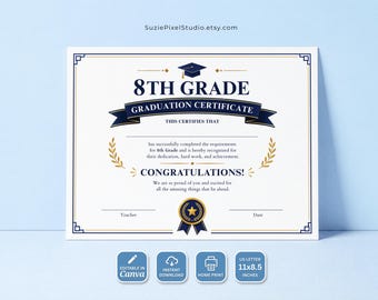 Plantilla de certificado de graduación, premio de 8.º grado de secundaria, diploma editable e imprimible (descarga instantánea)