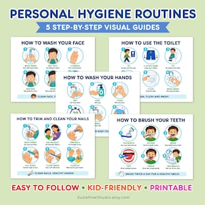 Puede incluir: Un conjunto de cinco pósteres educativos titulados Personal Hygiene Routines, que presentan guías visuales paso a paso para lavarse la cara, usar el inodoro, lavarse las manos, cortarse las uñas y cepillarse los dientes con ilustraciones.