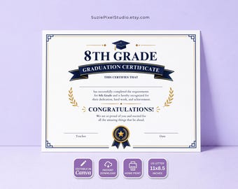 Plantilla de certificado de graduación, premio de 8.º grado de secundaria, diploma editable e imprimible (descarga instantánea)