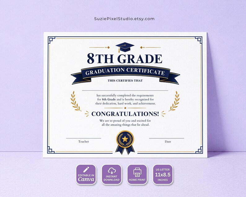8th Grade Graduation Certificate Template, Middle School Award ...