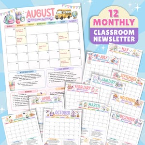 Könnte beinhalten: Ein Set aus 12 monatlichen Klassenzimmer-Newsletter-Vorlagen mit Kalenderraster, schulbezogenen Illustrationen wie einem gelben Bus und Rucksack sowie Abschnitten für Lehrer-Notizen, inklusive dem Text 12 MONTHLY CLASSROOM NEWSLETTER.