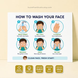 May include: A white instructional poster titled HOW TO WASH YOUR FACE featuring six numbered steps with illustrations of a person washing their face, including text instructions for each step and the phrase CLEAN FACE, FRESH START at the bottom.