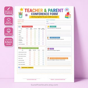 Op de afbeelding: Een wit formulier voor ouder-leerkrachtgesprekken met kleurrijke koppen, secties voor academische vooruitgang, gedrag, sterke punten, doelen en ouderlijke ondersteuning, met velden voor namen, datums en handtekeningen van 21,59x27,94 cm.