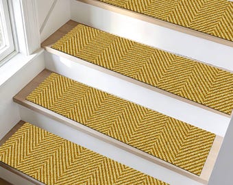 Senf Herringbone Treppenstufen Set, rutschfeste Rückseite, haustierfreundlich, Bauernhaus-Stil, Treppenset, schützt Holztreppen, Chevron-Treppenmatte
