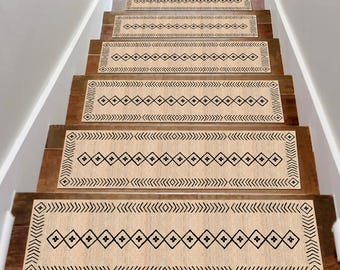 Boho Stair Treads Non Slip, Beige Tribal Stair Rugs, Washable Stair Carpet, Farmhouse Step Mats, Scandinavian Stair Runner, Pet Friendly