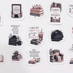 Puede incluir: Una colección de catorce pegatinas troqueladas con ilustraciones y texto sobre libros. Los diseños incluyen pilas de libros, sillones cómodos, café helado y frases como Book Hangover In Progress, Sorry I'm Booked y One More Chapter.