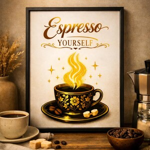 Espresso Yourself Gold Black Coffee Print, Ornate Luxury Coffee Cup Wall Art, Funny Kitchen Cafe Poster, Barista Gift Digital Download