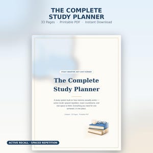 May include: A digital study planner document titled The Complete Study Planner with 33 pages. The page features dark blue text on a cream background, including the phrase Study Smarter, Not Just Harder, and an illustration of two stacked books.