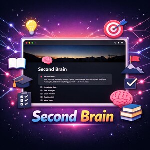 May include: A digital interface titled Second Brain displays a personal knowledge system with a task manager, goals tracker, reading list, and ideas vault. Surrounding the screen are icons of a lightbulb, target, book, graduation cap, checklist, flag, and brain.