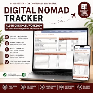 May include: A laptop and smartphone showing a digital nomad tracker. The Excel workbook assists location-independent professionals with finance management, travel tracking, and organization. The image includes the text "Digital Nomad Tracker" and "Microsoft Excel Template."