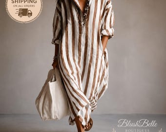Boho Striped Maxi Dress, Relaxed Kaftan Beach Vacation Style