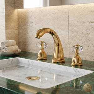 May include: A gold-colored bathroom faucet with crystal knobs. The faucet is arched and has a polished finish. The sink is white marble, and the countertop is green. Rolled towels are in a dish.