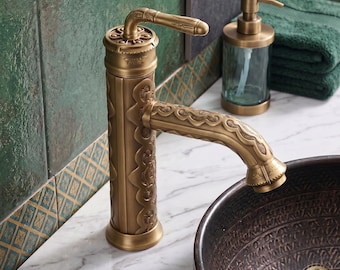 Antique Brass Bathroom Sink Faucet Engraved Floral Single Handle Vanity Basin Mixer Tap