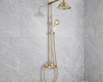 Antikes Messing Duschsystem An der Wand befestigter Regenkopf Handbrause-Wasserhahn-Set