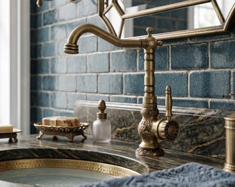 Grifo para lavabo sobre encimera, grifo grabado, mezclador de baño alto de latón antiguo con diseño floral.