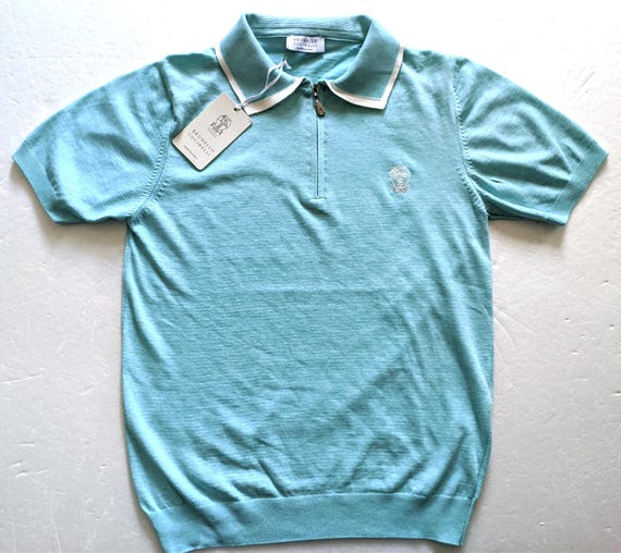 Brunello Cucinelli, VINTAGE BRUNELLO CUCINELLI Mens Mint Color Knit 1/4 Zip Polo T-Shirt Size M