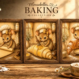 Könnte beinhalten: Ein Set aus drei gerahmten Wandbildern mit der Aufschrift Mousabelles BAKING COLLECTION, die jeweils eine braune Maus mit Kochmütze und Schürze zeigen. Die Illustrationen zeigen die Maus beim Teigrollen, Bestreichen eines Croissants und Halten eines Croissants.