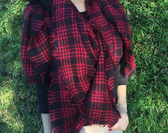 Red Plaid Oversized Blanket Scarf, Gift for Women, Plaid Shawl Wraps, Large Blanket scarf, Fringe Shawl Scarf, Top Selling Shops Items