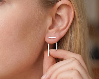 Geometric Jacket Earrings, 14k Gold Plated Stud Earrings, Front Back Earrings, Silver Open Rectangle Earrings,Modern Earrings Gift for Women