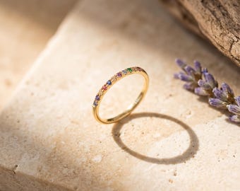 Dainty Birthstone Stacking Ring | Personalized Pavé Gemstone Ring, 18k Gold, Minimalist Gift for Her