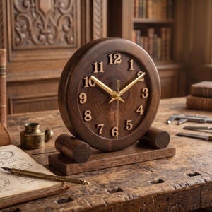 May include: A circular dark brown wooden desk clock featuring gold-colored Arabic numerals and matching gold-colored clock hands. The clock is mounted on a rectangular wooden base with two cylindrical supports, showcasing a natural wood grain.
