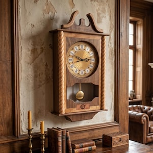 Op de afbeelding: Een houten wandklok met een rechthoekig frame, gedraaide zijzuilen en een decoratieve boogvormige bovenkant. De wijzerplaat is cirkelvormig met een goudkleurige achtergrond, zwarte Romeinse cijfers en zwarte wijzers. Een gouden slinger hangt eronder.