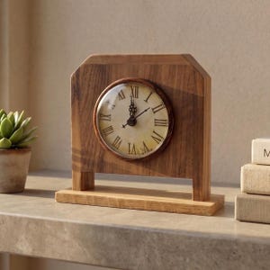 Puede incluir: Un reloj de sobremesa de madera con marco rectangular de esquinas superiores biseladas y esfera circular. La esfera tiene fondo crema, números romanos negros y dos manecillas negras. El reloj se apoya sobre una base rectangular de madera.