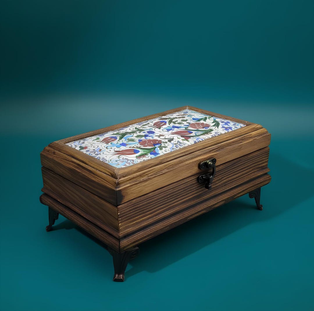Mertek Mertek Wooden Jewelry Box, Elegant Floral Ceramic Top, Ottoman Inspired ...