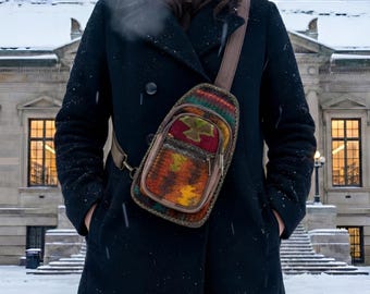 Marsupio Herek, marsupio intrecciato con motivi anatolici, borsa a tracolla etnica compatta per i viaggi.