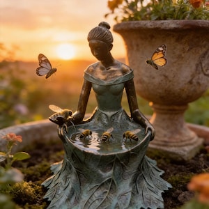 Puede incluir: Una estatua de jardín de tono bronce de una figura con el cabello recogido en un moño, sosteniendo un cuenco con forma de hoja. La figura está rodeada por tres abejas que beben agua del cuenco, mientras dos mariposas monarca vuelan cerca.
