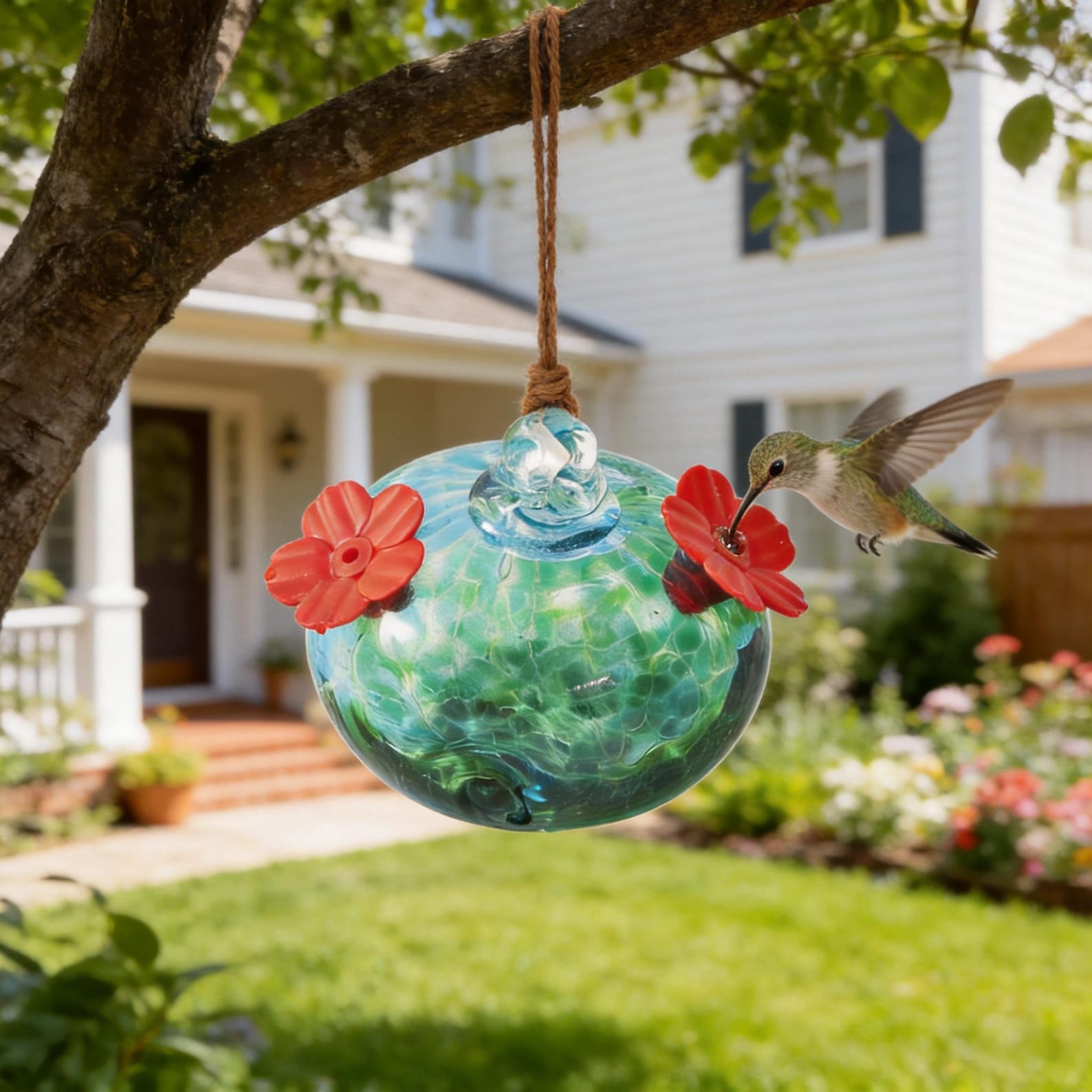 Hand Blown Glass Hummingbird Feeder, Rainbow Swirl Garden Decor, Gift for Bird Lovers - D
