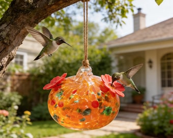 Hand Blown Glass Hummingbird Feeder, Rainbow Swirl Garden Decor, Gift for Bird Lovers