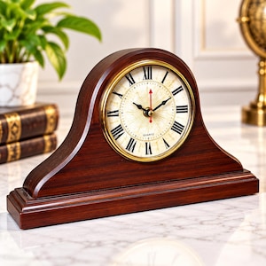 May include: A mantel clock with a dark brown wooden arched frame and a circular face. The clock features black Roman numerals, a gold-toned bezel, black hour and minute hands, and a red second hand. The word QUARTZ is printed on the dial.