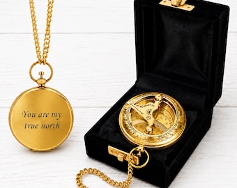 Engraved Brass sundial Compass, Velvet Box Gift, Graduation Confirmation Anniversary Present