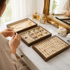May include: Three rectangular wooden jewelry trays with beige velvet lining. One tray features a large open compartment for necklaces, another has multiple small square dividers for earrings, and the third contains rows of slots for rings.