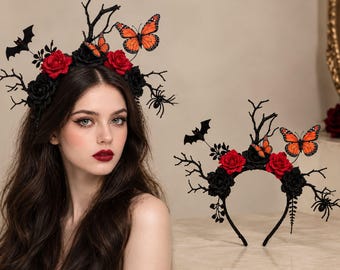 Gothic Halloween Headband, Black Rose Bat Headpiece, Spooky Floral Flower Crown,Gift for Her
