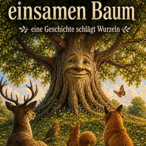 May include: A book cover titled Die Geschichte vom einsamen Baum, eine Geschichte schlägt Wurzeln von Stephanie Hirche. It features a large tree with a human-like face, surrounded by a deer, a robin, a squirrel, a fox, and a butterfly.