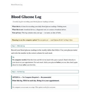 Registro de Glicemia Imprimível | Inclui Instruções de IA | Obtenha a Opinião da IA sobre suas Leituras
