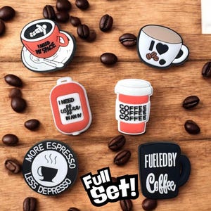 Zestaw upominkowy Coffee Croc Jibbitz, zawieszki do butów dla miłośników kofeiny, przypinki do butów Crocs, zestaw 6 zawieszek