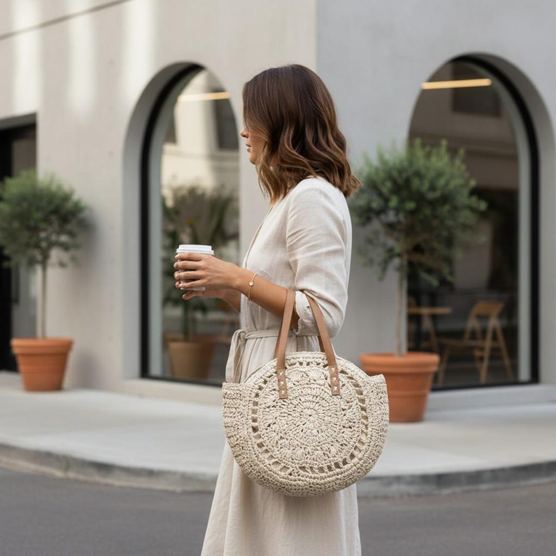 Round Straw Beach Tote Bag Women Large Capacity Summer Woven Shoulder ...