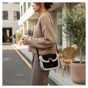 Plush Suede Patchwork Bag Women Korean Retro Shoulder Crossbody Winter Handbag