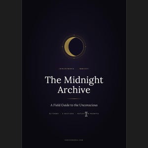 May include: A dark navy blue poster with the title "The Midnight Archive" in white text. The poster includes a gold crescent moon design and the subtitle "A Field Guide to the Unconscious."