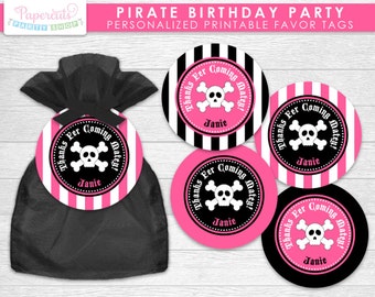 Pirate Theme Birthday Party Favor Tags | Pink & Black | Personalized | Printable DIY Digital File